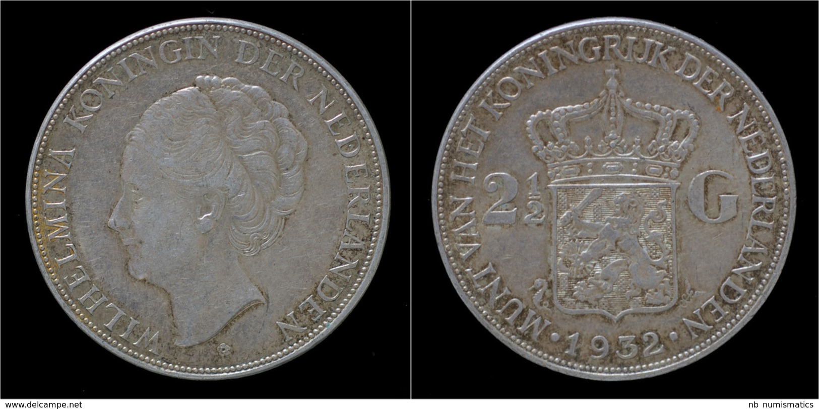 Netherlands Wilhelmina I 2 1/2 Gulden(rijksdaalder)1932 - 2 1/2 Florín Holandés (Gulden)