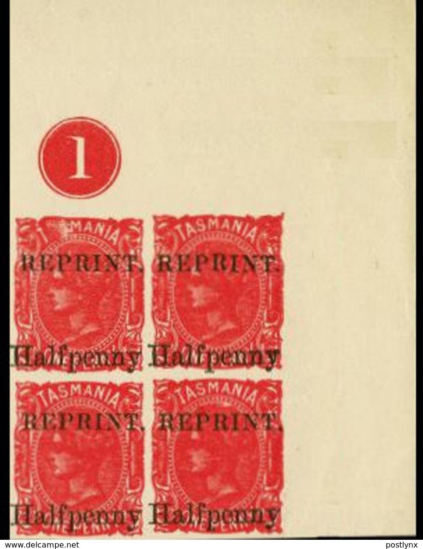 Australia-Tasmania 1889 Victoria ½d CORNER IMPERF.OVPT:REPRINT CORN.4-BLOCK Horrible Print Crd - Ongebruikt