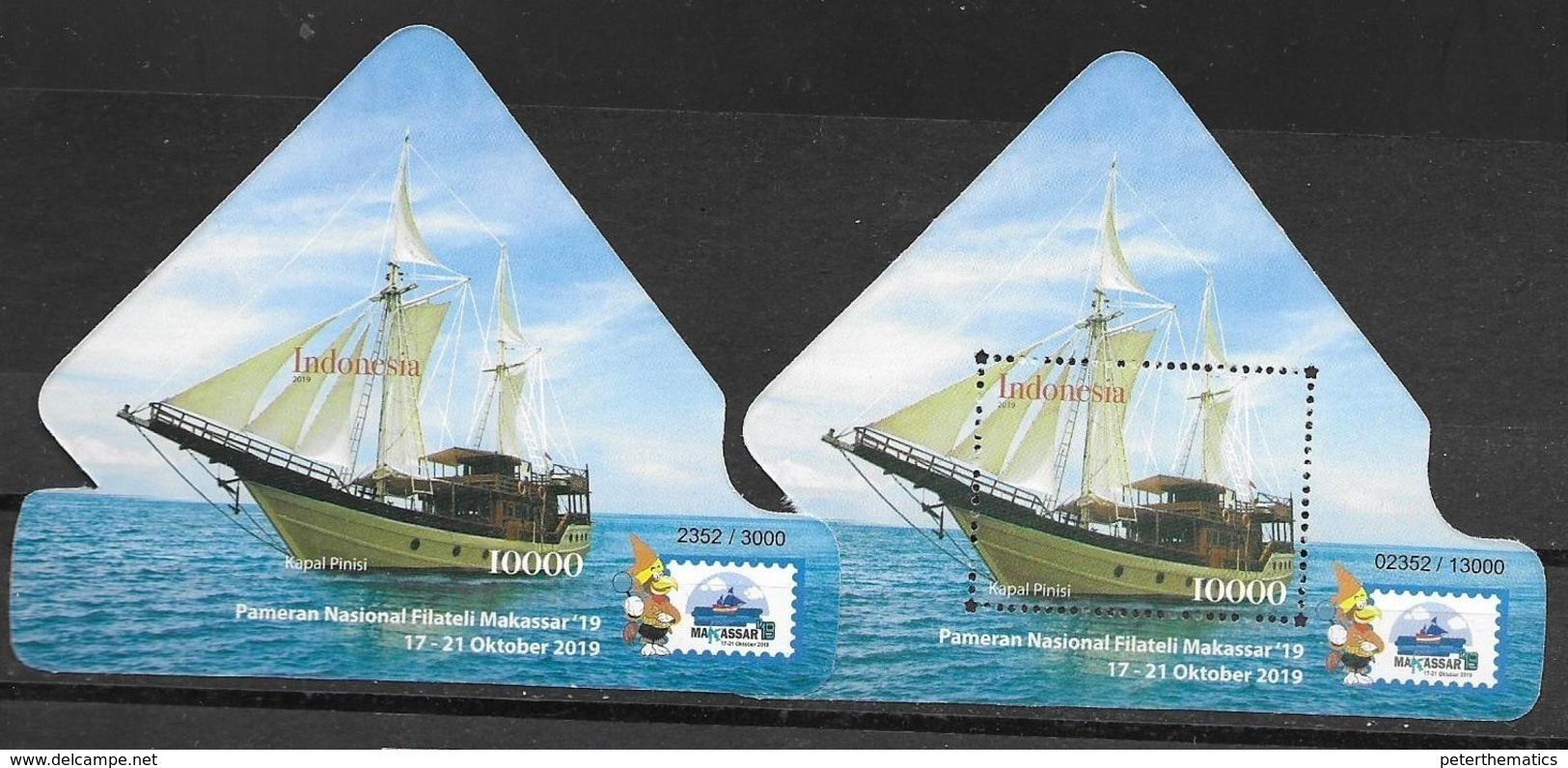 INDONESIA, 2019, MNH, SHIPS,  PAMARAN NATIONAL PHILATELIC EXHIBITION MAKASSAR, PERF.+ IMPERF.S/Ss WITH IDENTICAL NUMBERS - Boten