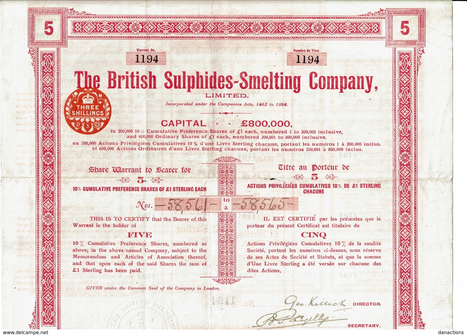 GB-BRITISH SULPHILDES-SMELTING CY LTD. LONDON - Autres & Non Classés