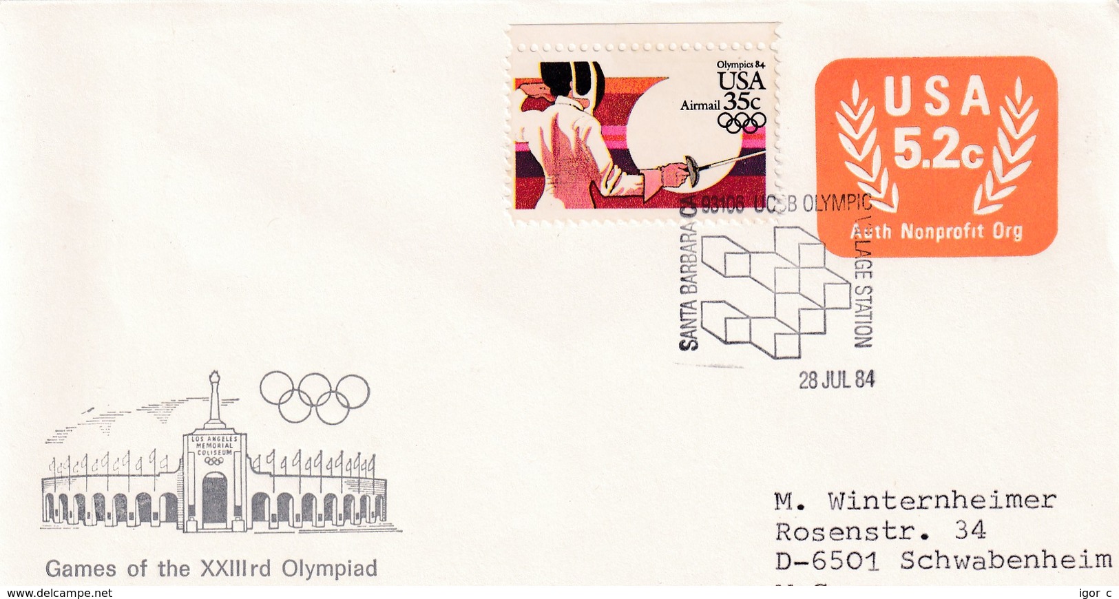 USA 1984 Postal Stationery Cover: Olympic Games Los Angeles; Olympic Village Santa Barbara; Coliseum Stadium; Fencing - Summer 1984: Los Angeles