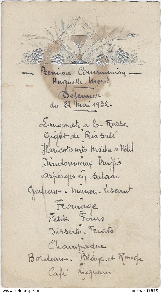 Menu    Communion  Leger Relief 22 Mai  1932 - Menú