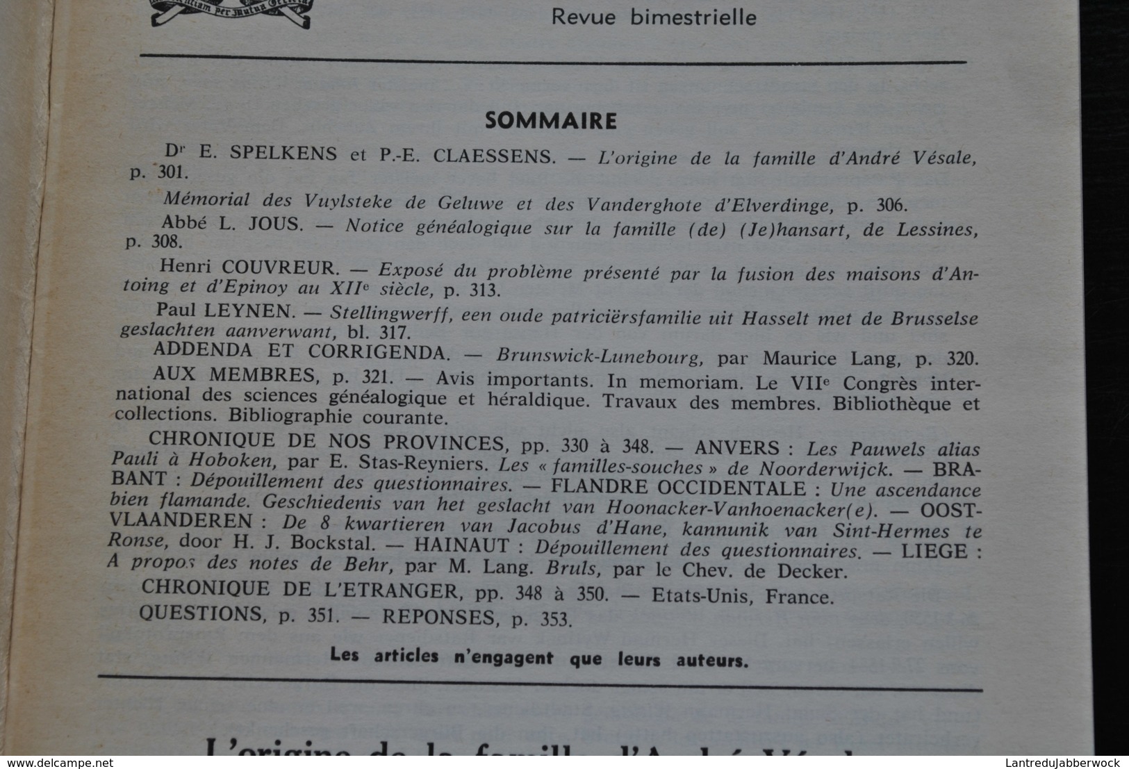 L'INTERMEDIAIRE DES GENEALOGISTES 114 1964 Généalogie Héraldique VESALE DE HANSART Lessines Stellingwerff Epinoy Antoing - Histoire