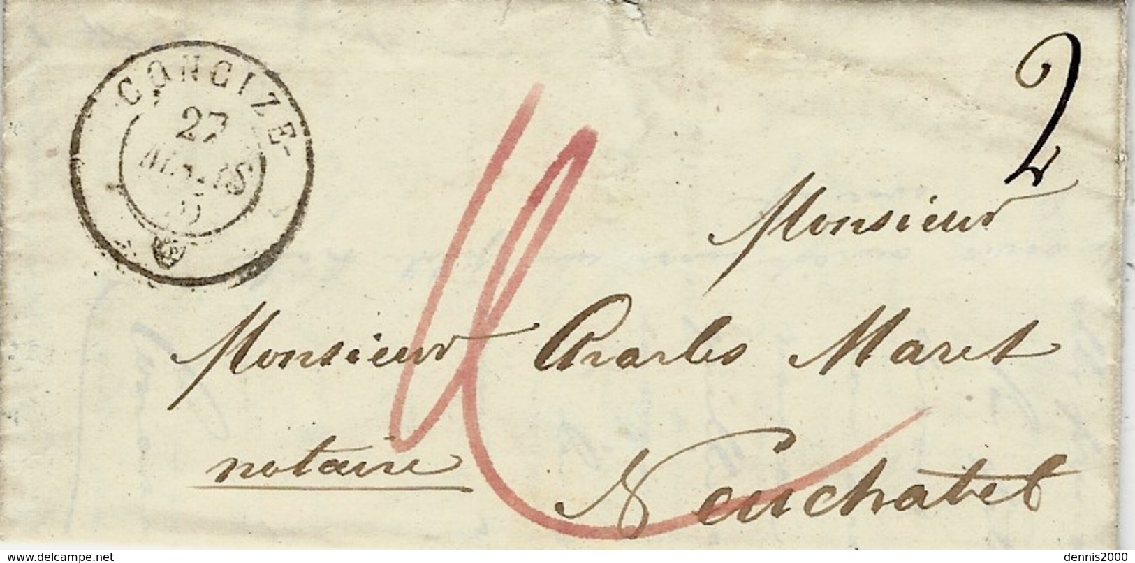 1845- Lettre De CONCIZE  Pour Neuchâtel Taxe 4 - Prefilatelia