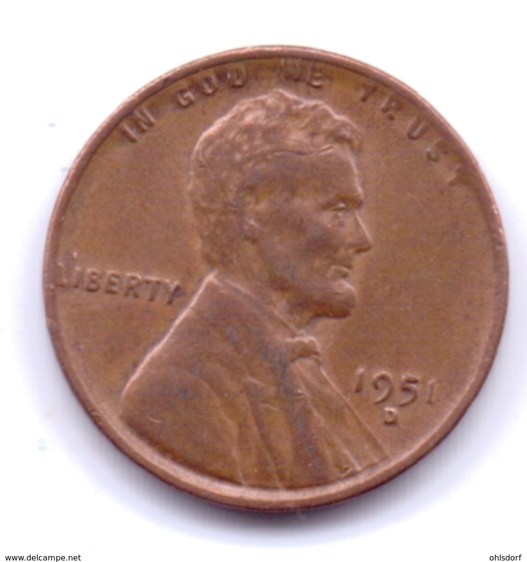 U.S.A. 1951 D: 1 Cent, KM 132 - 1909-1958: Lincoln, Wheat Ears Reverse