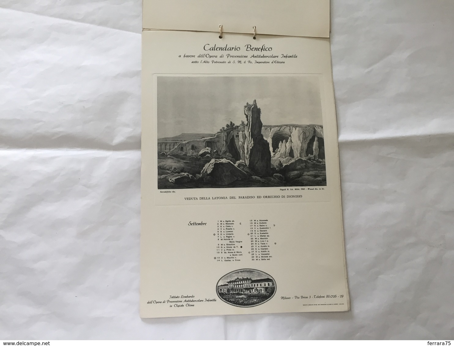 CALENDARIO BENEFICO 1942 MONUMENTI ROMA  OPERA ANTITUBERCOLARE OLGIATE OLONA