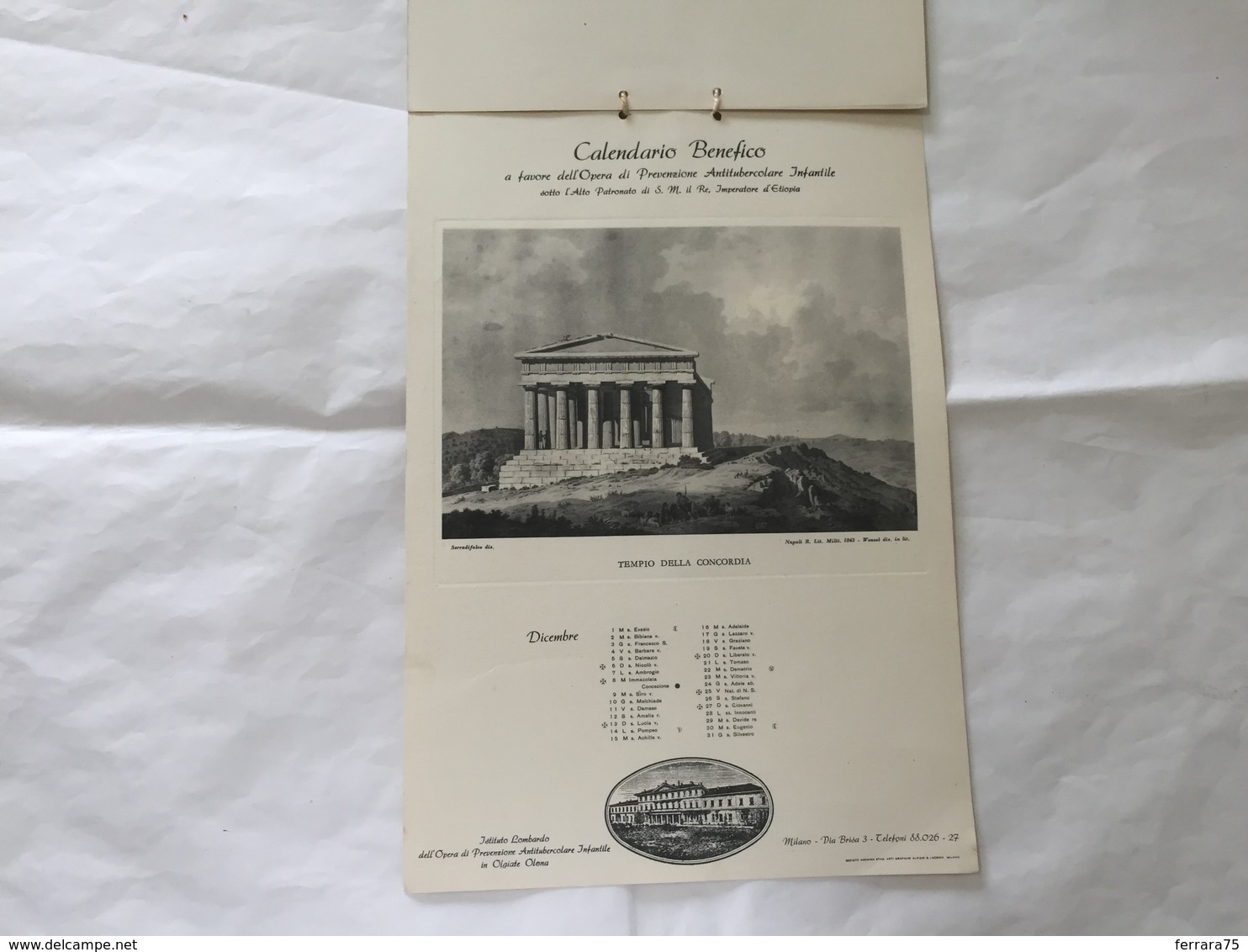 CALENDARIO BENEFICO 1942 MONUMENTI ROMA  OPERA ANTITUBERCOLARE OLGIATE OLONA