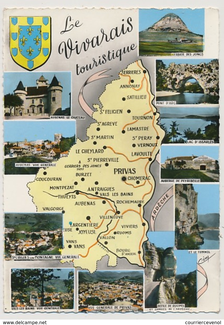 CPSM - Carte Géographique "Le Vivarais Touristique" + Vues Multiples - Autres & Non Classés