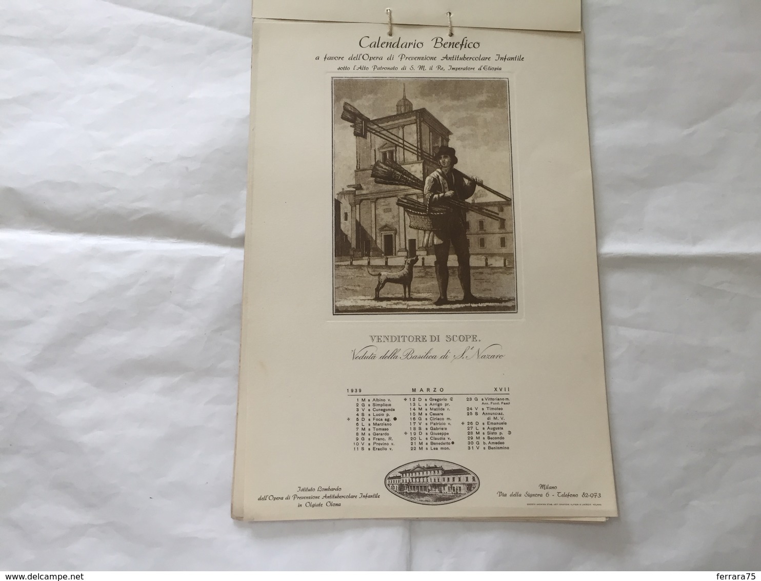CALENDARIO BENEFICO 1939 COSTUMI MILANO OPERA ANTITUBERCOLARE OLGIATE OLONA - Grand Format : 1921-40