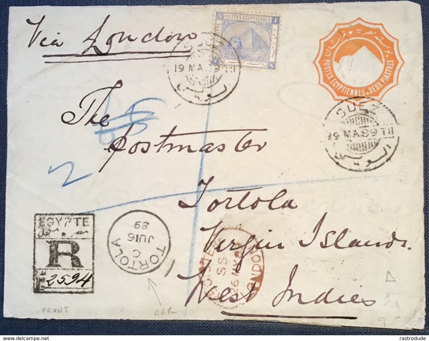 1889 EGYPT REGISTERED POSTAL STATIONERY FRONT TO TORTOLA, VIRGIN ISLANDS - EXTREMELY RARE DESTINATION - 1866-1914 Khédivat D'Égypte