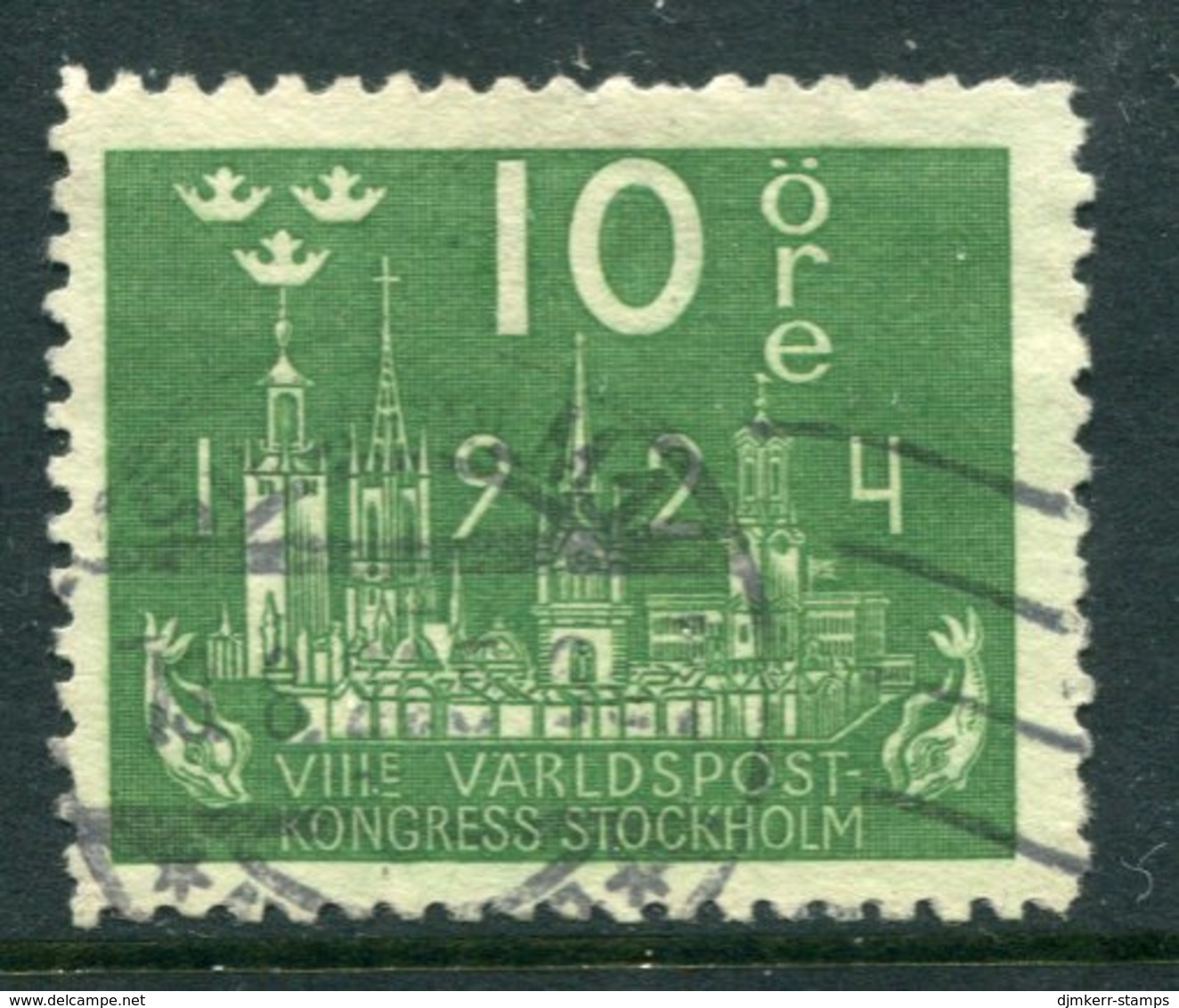 SWEDEN 1924 UPU Congress 10 Öre With Lines Watermark Used, .  Michel 145x - Usati