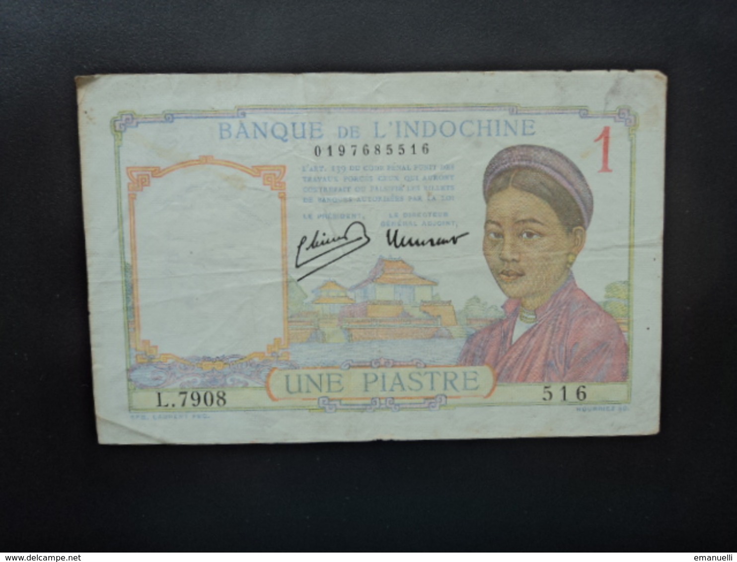 INDOCHINE : 1 PIASTRE   ND 1946  Type I  Signature 11    P 54c     B+ * - Indochina