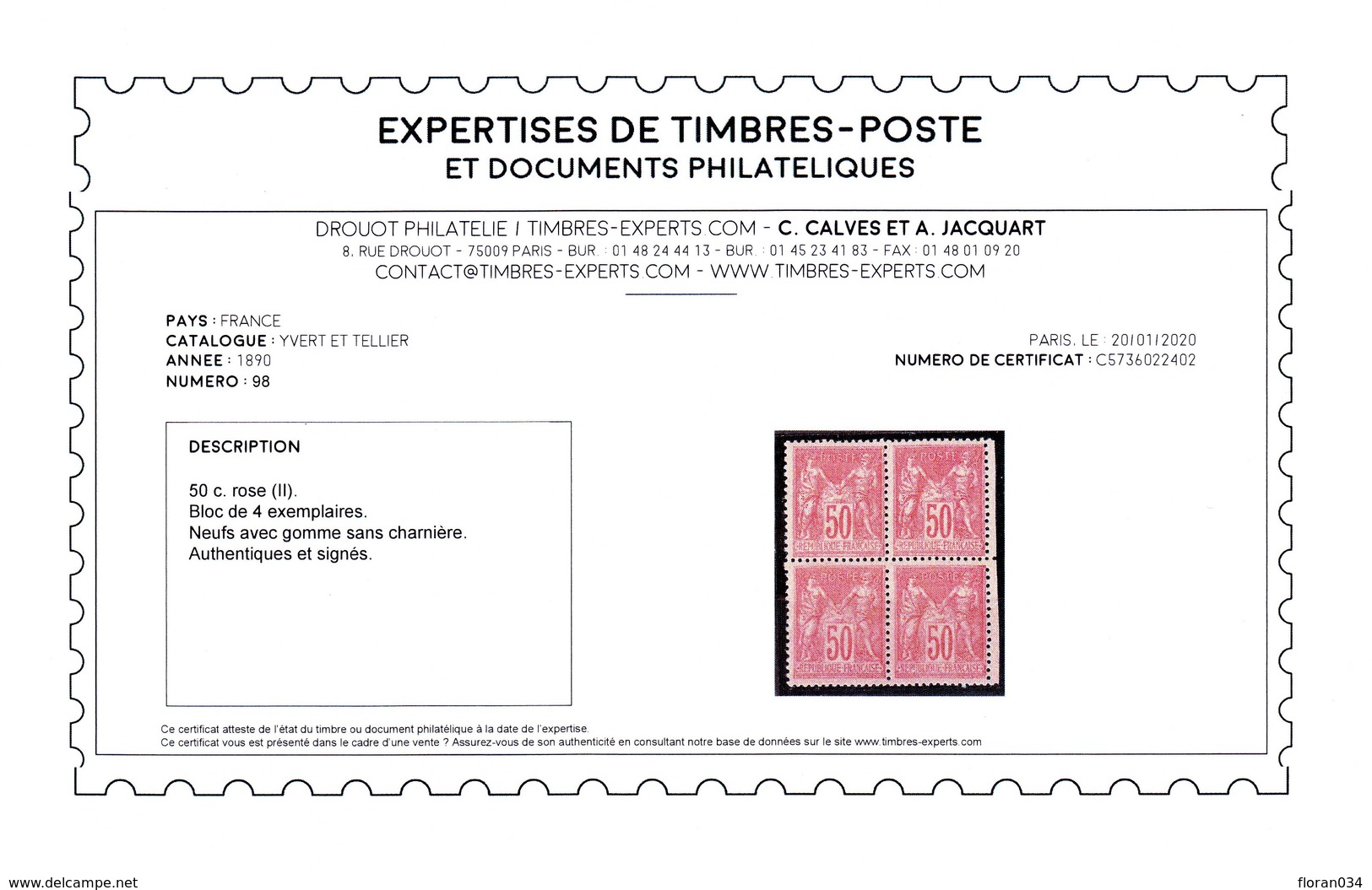 France N° 98 Bloc De 4 Neufs **  Signé/certificat Calves - Cote 2025 Euros - TB Qualité - 1876-1898 Sage (Type II)