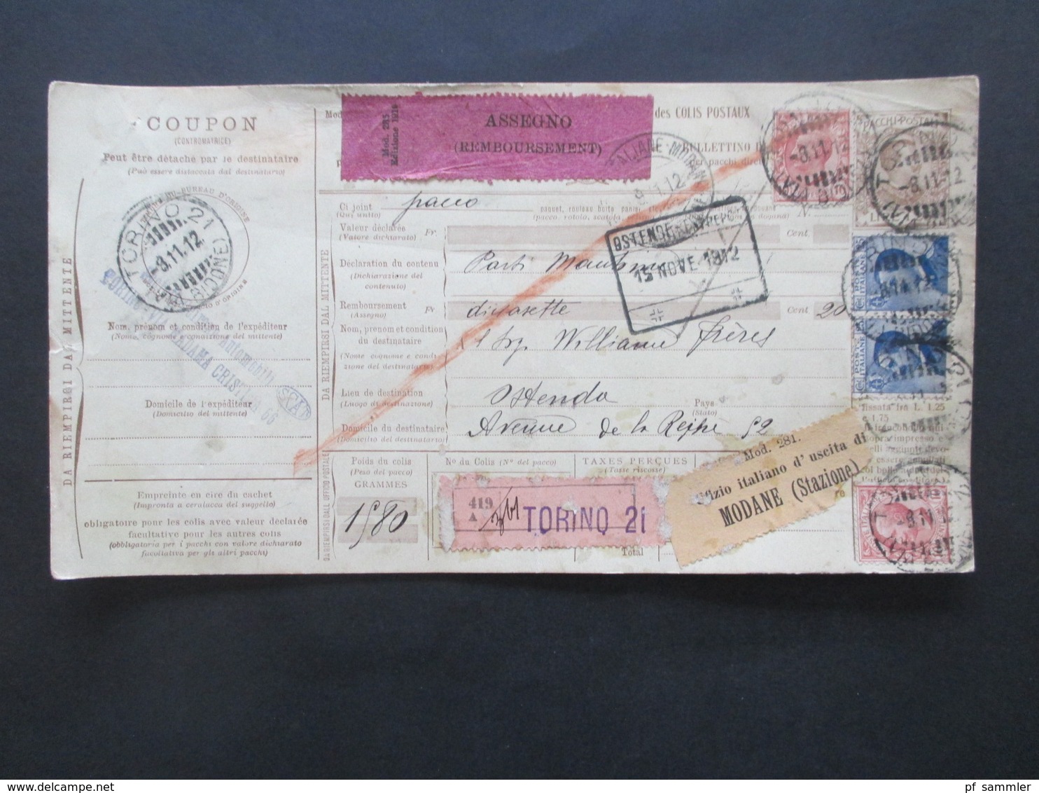 Italien 1912 Auslandspaketkarte Zusatzfrankaturen Und Vielen Stempeln Torino - Ostende Klebezettel Assegno Remboursent - Postal Parcels