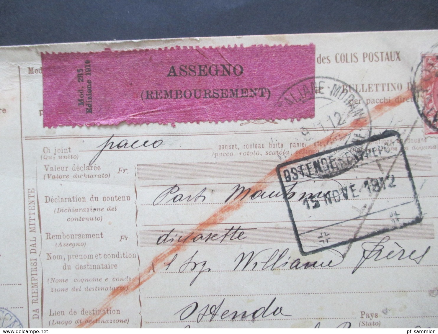 Italien 1912 Auslandspaketkarte Zusatzfrankaturen Und Vielen Stempeln Torino - Ostende Klebezettel Assegno Remboursent - Postpaketten