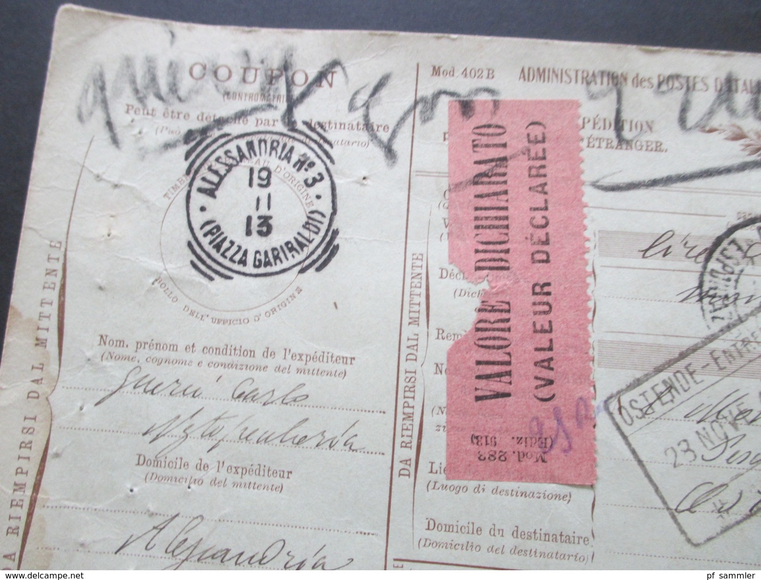 Italien 1913 Auslandspaketkarte Zusatzfrankaturen Und Vielen Stempeln Alessandria -Ostende Klebezettel Valore Dichiarato - Paquetes Postales