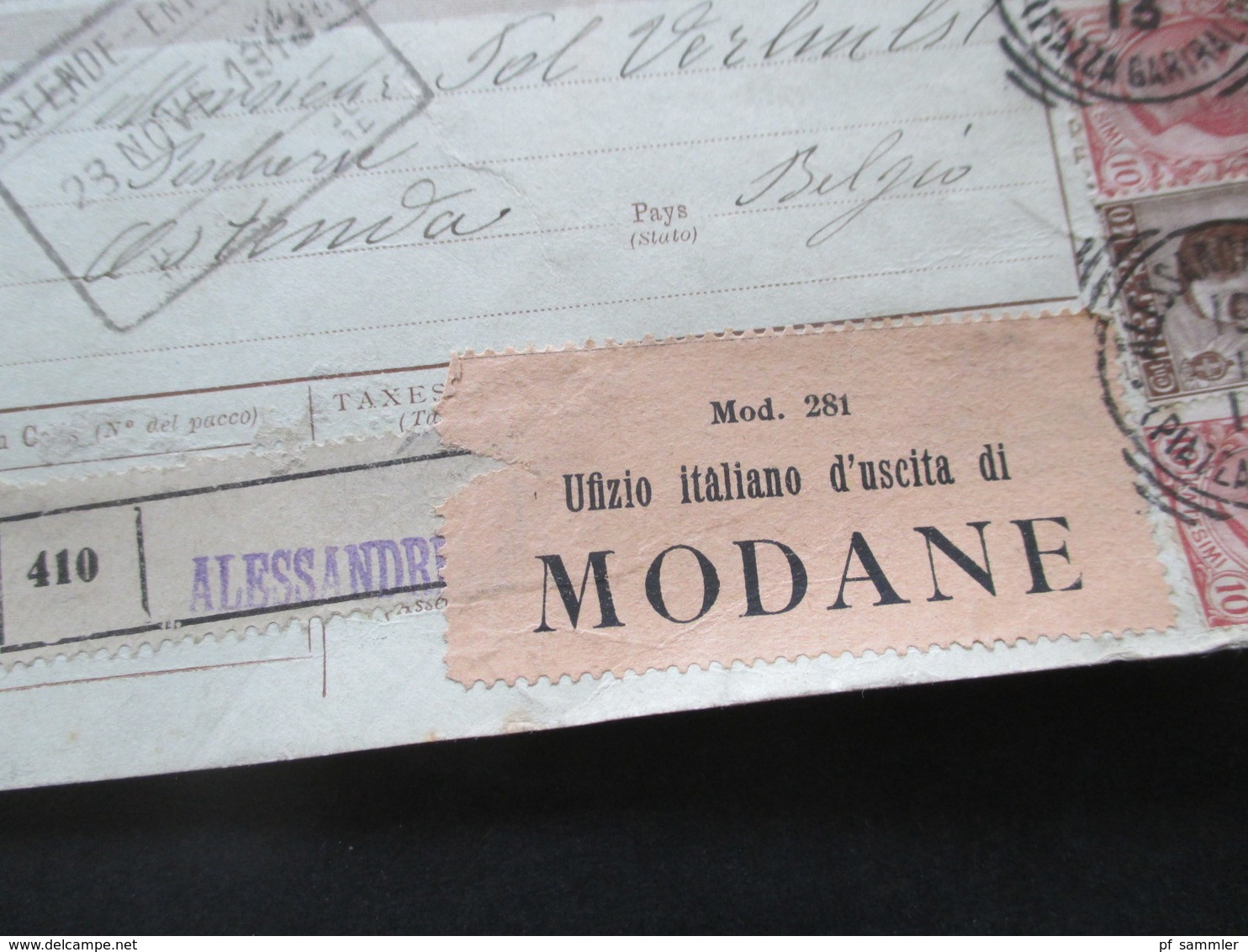 Italien 1913 Auslandspaketkarte Zusatzfrankaturen Und Vielen Stempeln Alessandria -Ostende Klebezettel Valore Dichiarato - Postal Parcels