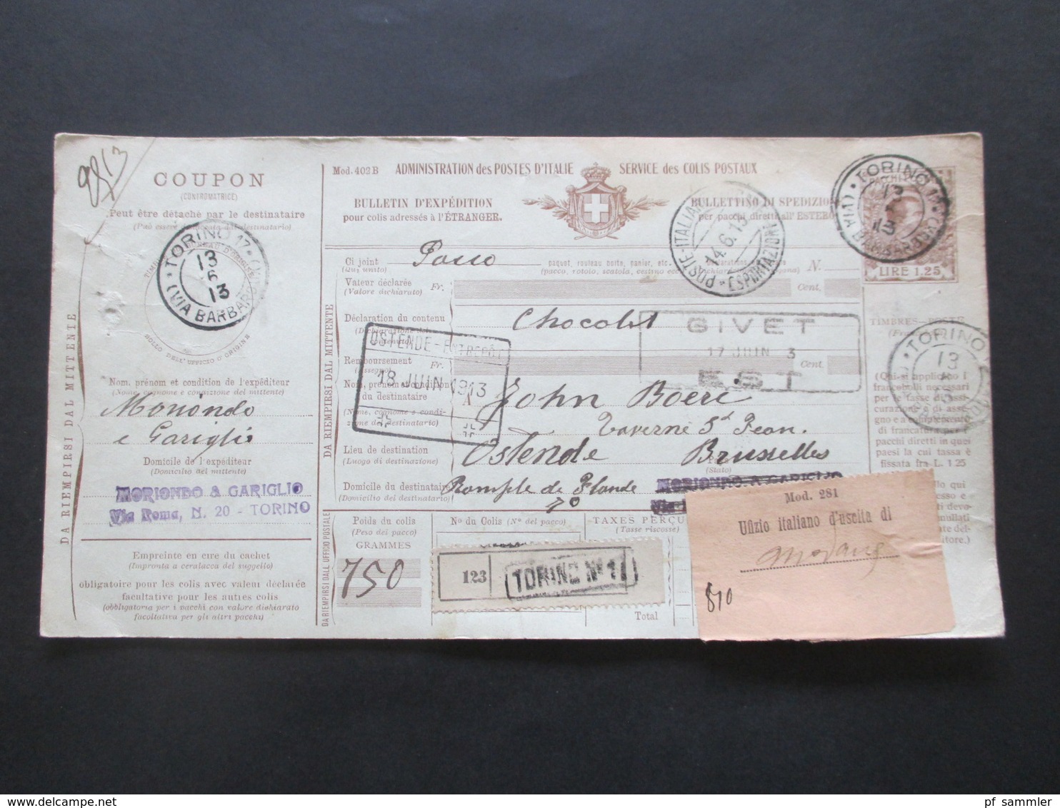 Italien 1913 Auslandspaketkarte Zusatzfrankaturen Und Vielen Stempeln Torino - Ostende Klebezettel Ufizio Italiano - Paquetes Postales