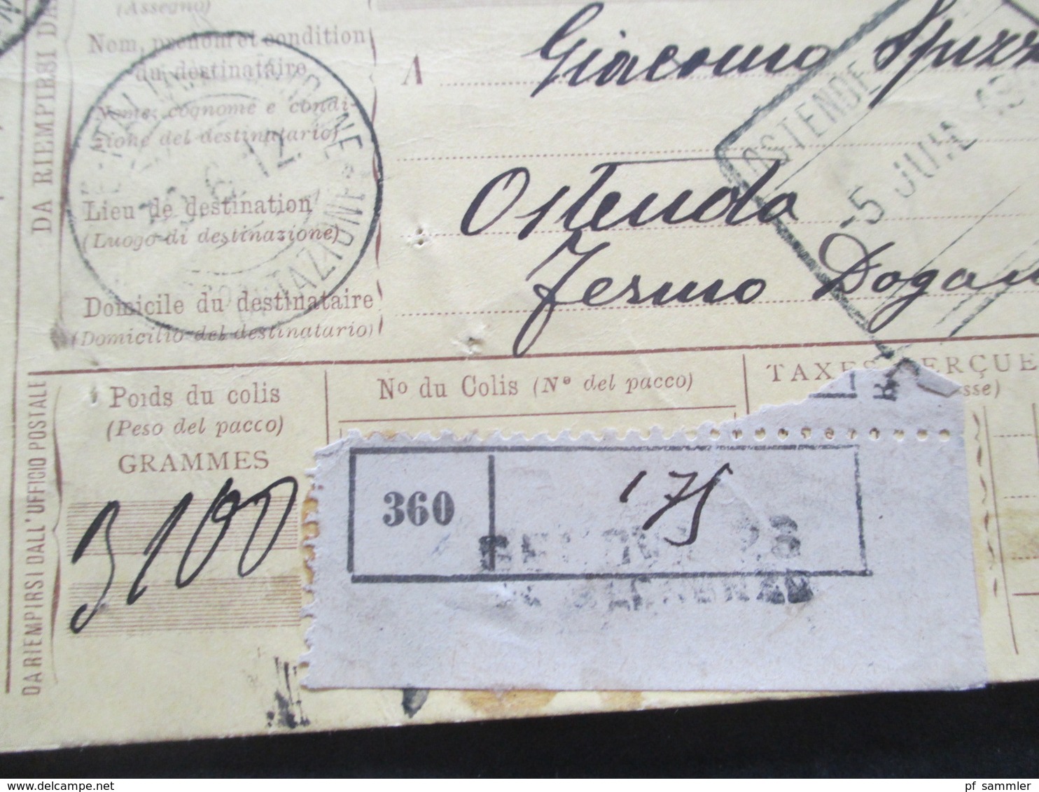Italien 1912 Auslandspaketkarte Zusatzfrankaturen Und Vielen Stempeln Genova - Ostende Klebezettel Ufizio Italiano - Colis-postaux