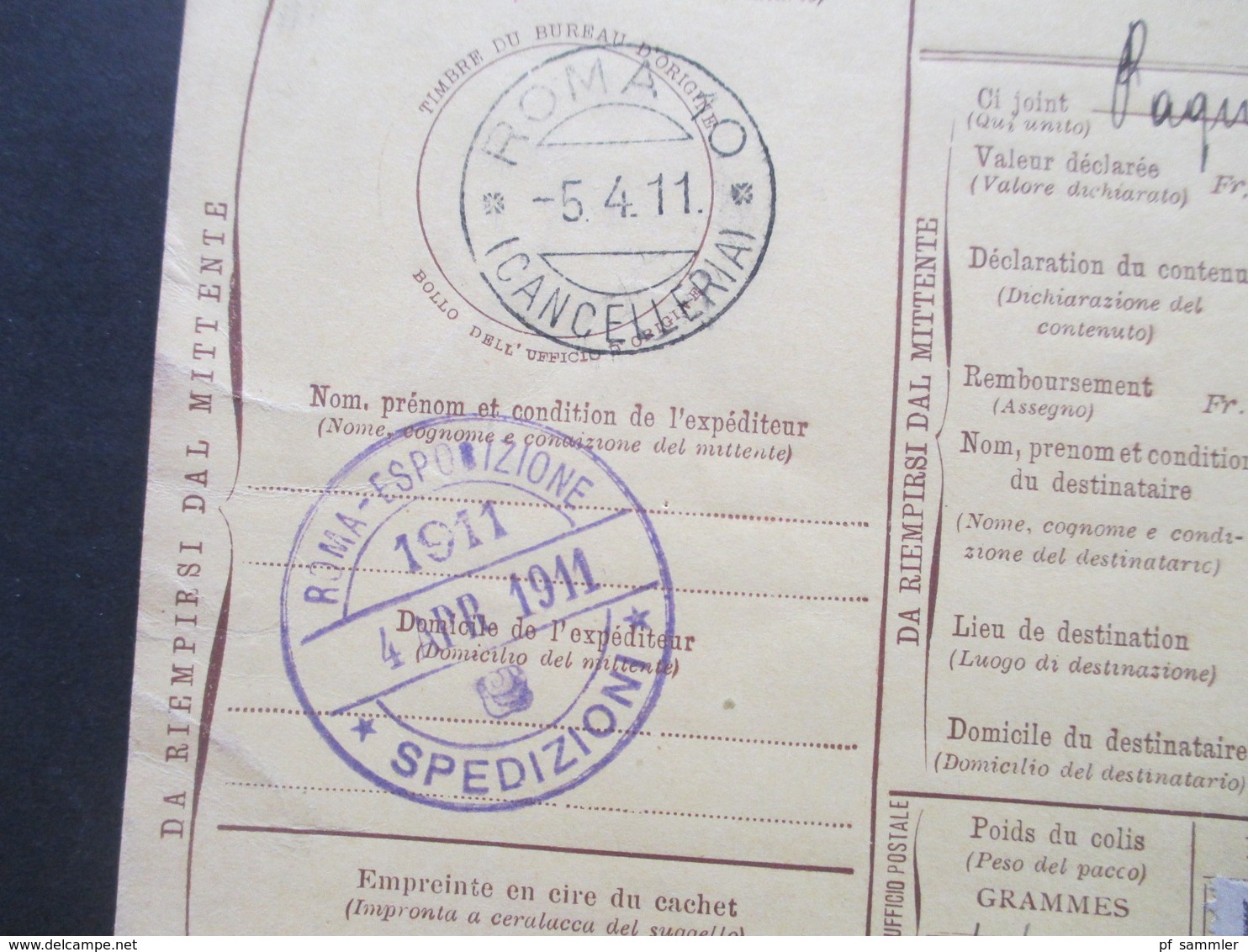 Italien 1911 Auslandspaketkarte Zusatzfrankaturen Und Vielen Stempeln Roma Cancelleria - Ostende Roma Spedioni - Postal Parcels