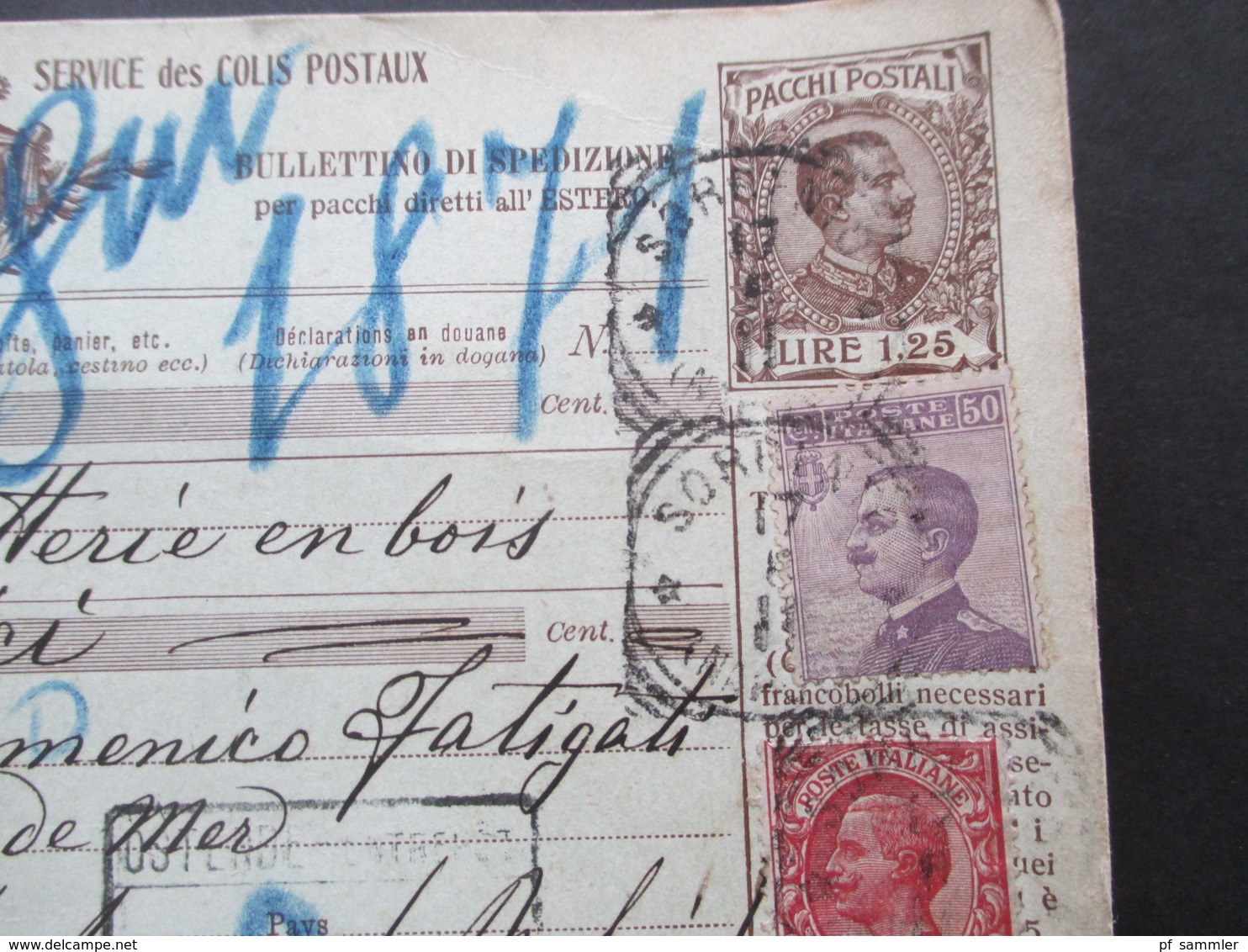 Italien 1911 Auslandspaketkarte Zusatzfrankaturen Viele Stempel Sorrento - Ostende Klebezettel Assegno Remboursement - Pacchi Postali