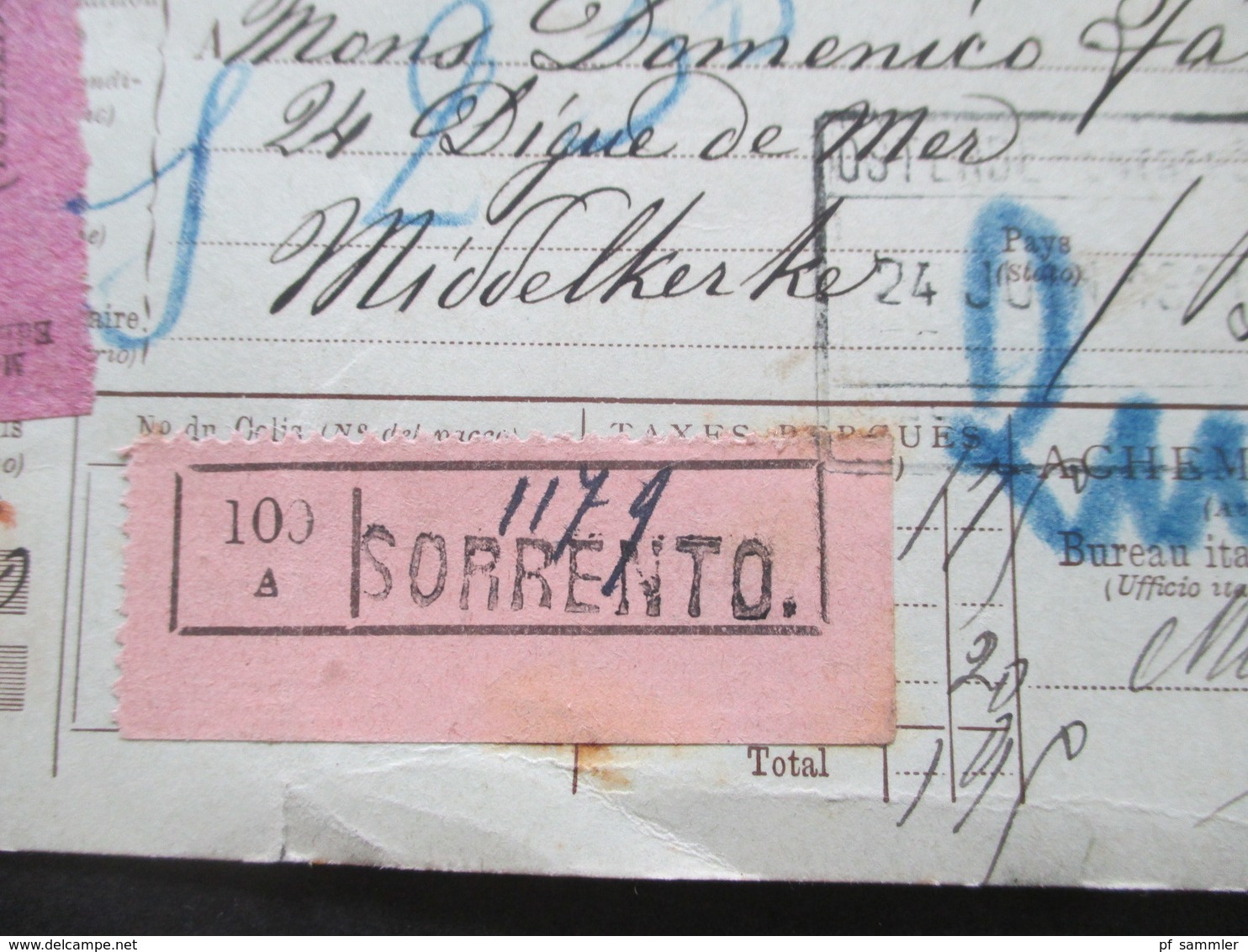 Italien 1911 Auslandspaketkarte Zusatzfrankaturen Viele Stempel Sorrento - Ostende Klebezettel Assegno Remboursement - Paquetes Postales