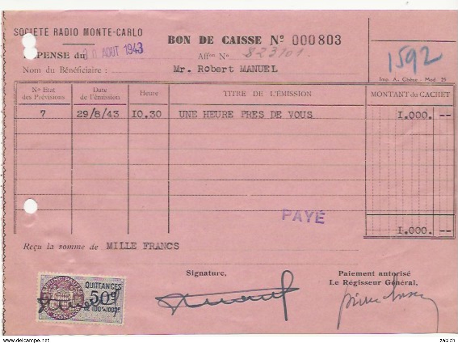 AUTOGRAPHE ROBERT MANUEL 1943 RADIO MONTE CARLO - Andere & Zonder Classificatie