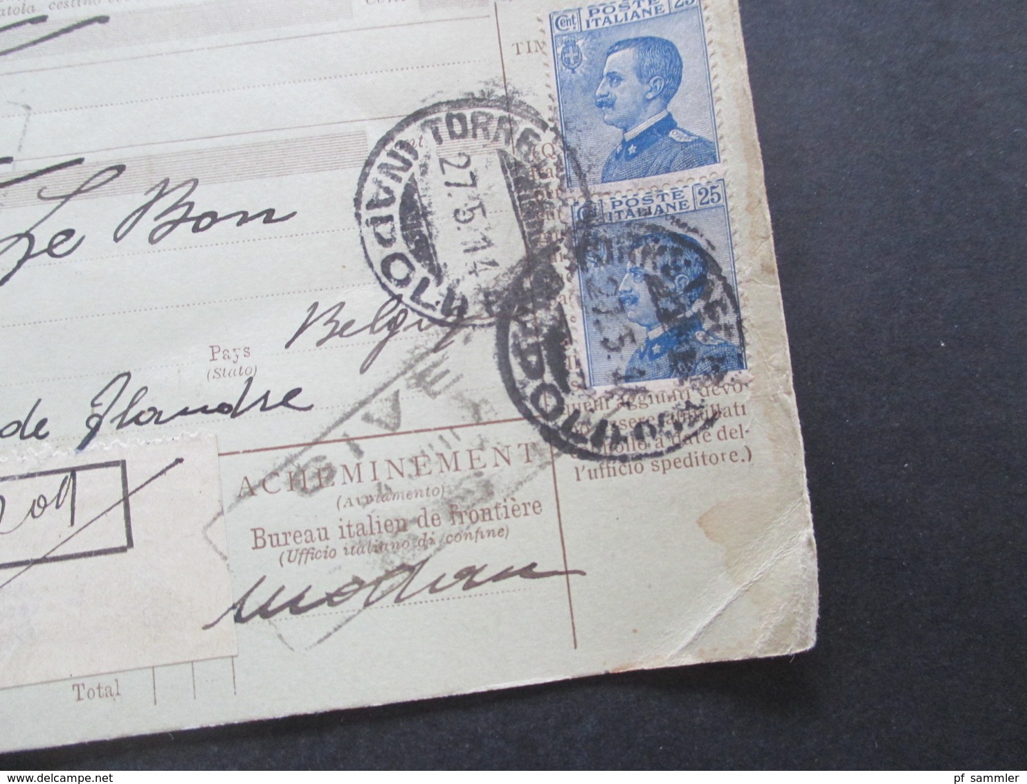 Italien 1914 Auslandspaketkarte Zusatzfrankaturen Und Vielen Stempeln Torre Del Greco - Ostende Belgien - Postpaketten
