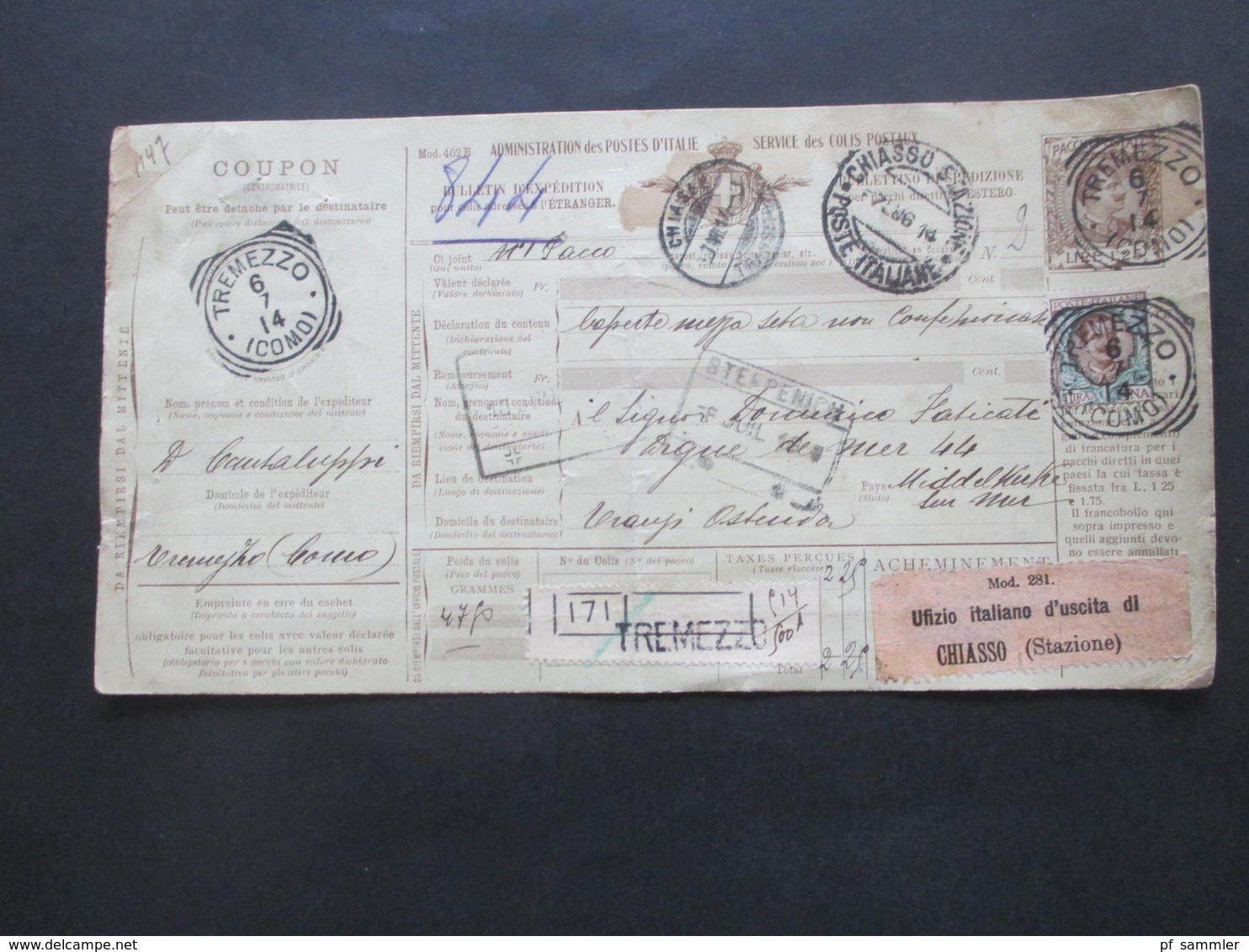 Italien 1914 Auslandspaketkarte Zusatzfrankaturen Und Vielen Stempeln Tremezzo  - Ostende Stempel Chiasso - Postal Parcels