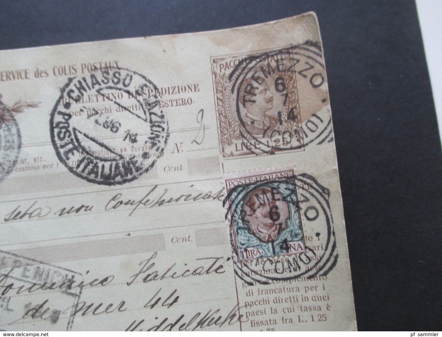 Italien 1914 Auslandspaketkarte Zusatzfrankaturen Und Vielen Stempeln Tremezzo  - Ostende Stempel Chiasso - Postal Parcels