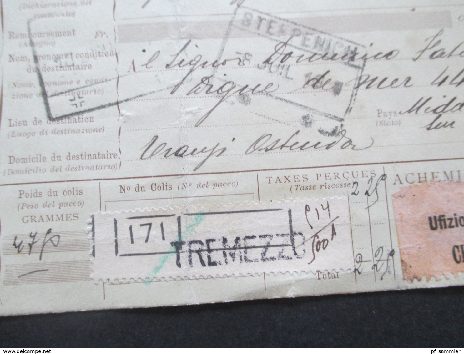 Italien 1914 Auslandspaketkarte Zusatzfrankaturen Und Vielen Stempeln Tremezzo  - Ostende Stempel Chiasso - Paquetes Postales