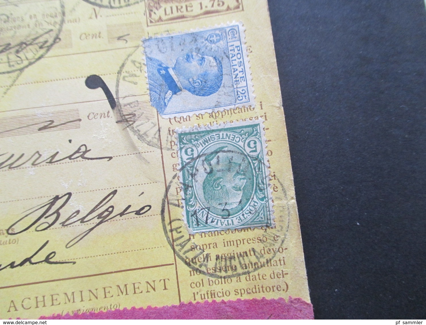 Italien 1913 Auslandspaketkarte Zusatzfrankaturen Und Vielen Stempeln Napoli -Ostende Klebezettel Handschriftlich Valore - Colis-postaux