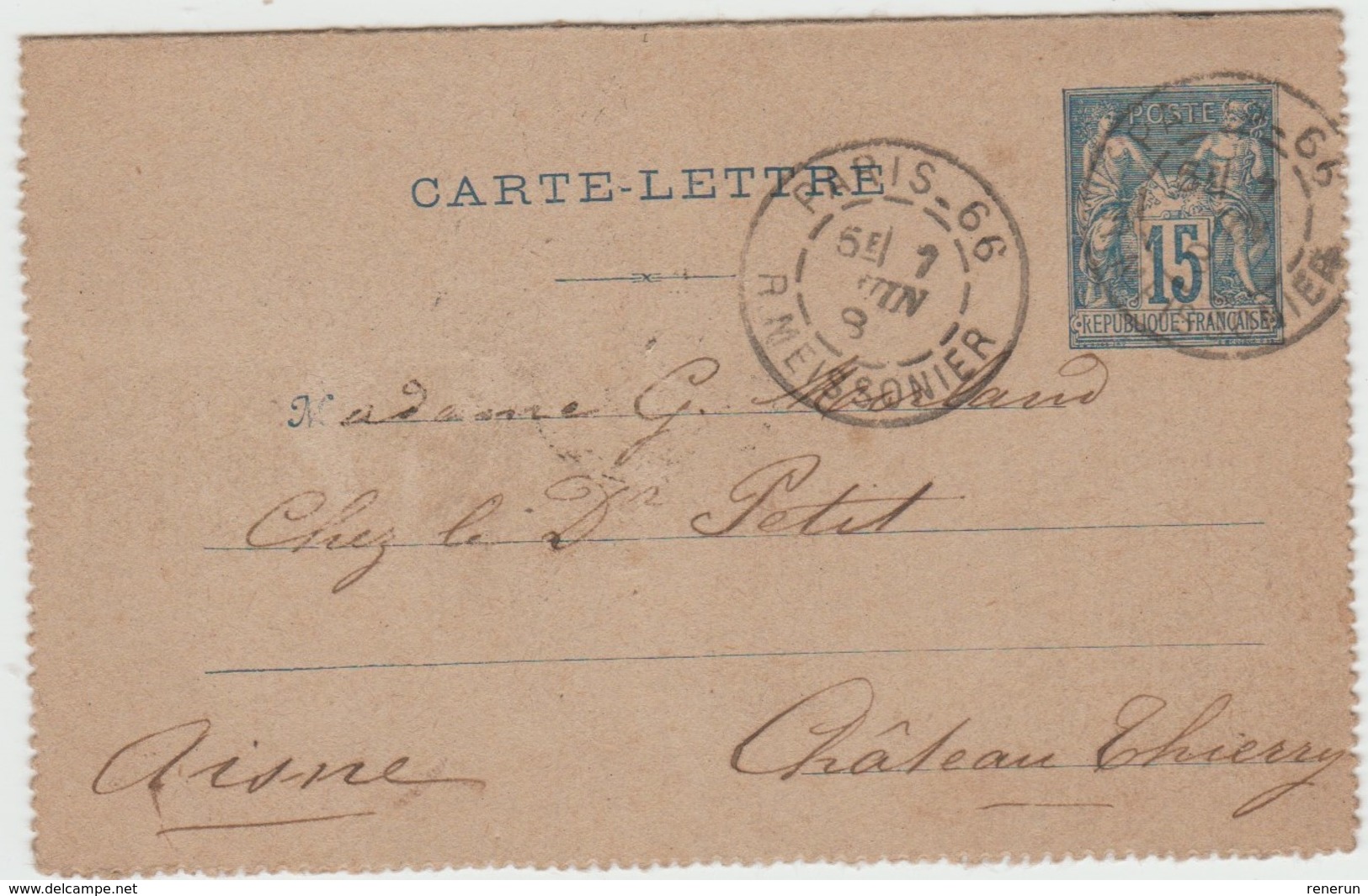 90 Sage IIa, Carte Lettre De PARIS à CHATEAU THIERRY Càd D15 Daguin Double Et D10Chateau Thierry - 1876-1898 Sage (Tipo II)