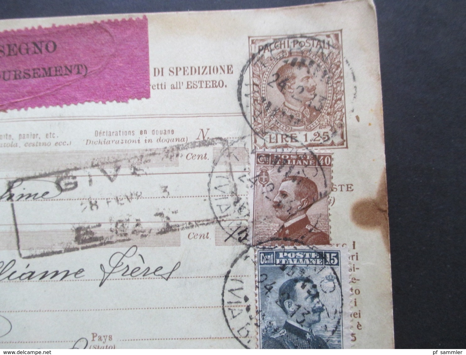 Italien 1913 Auslandspaketkarte Zusatzfrankaturen Und Vielen Stempeln Torino - Ostende Klebezettel Assegno Remboursement - Postal Parcels