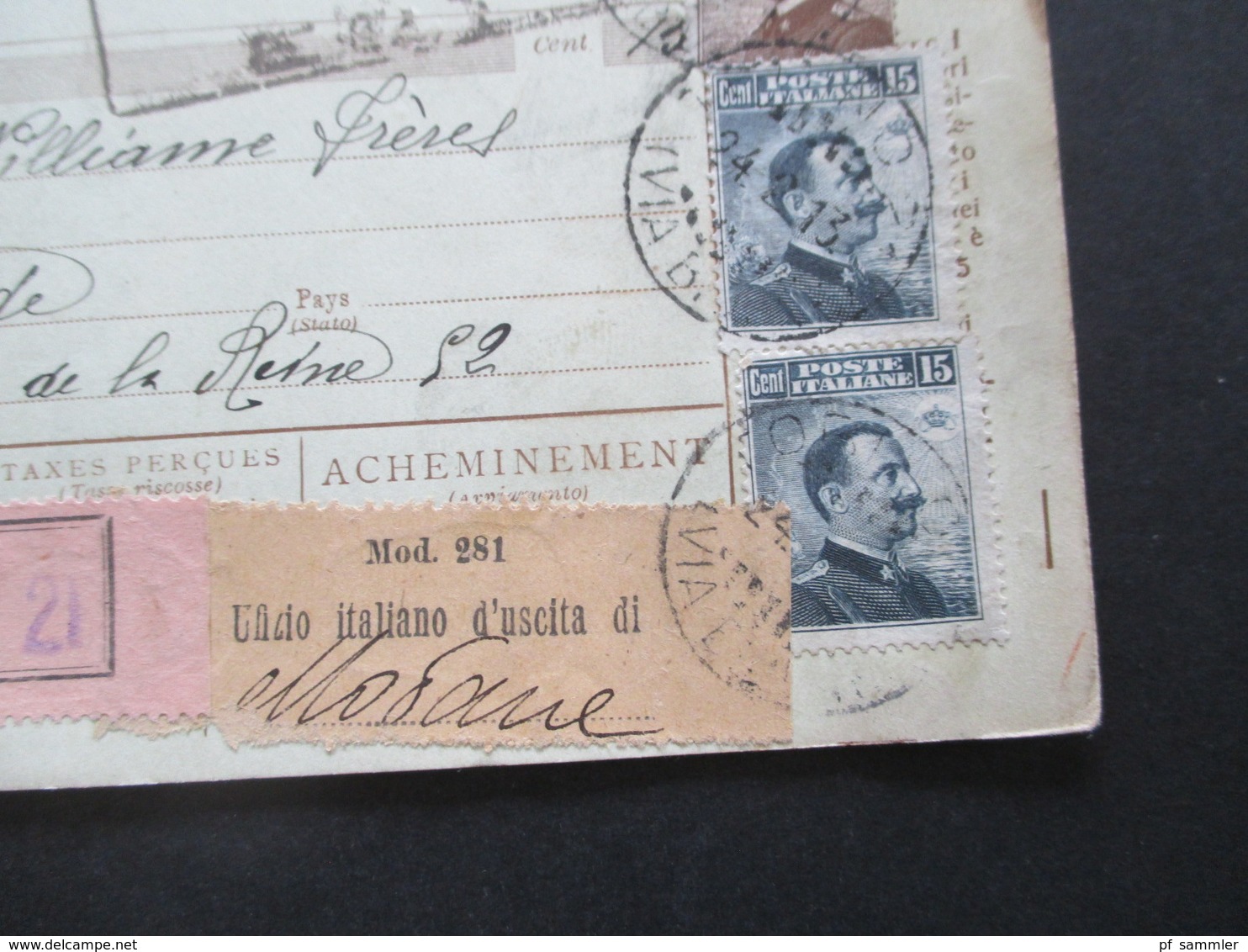 Italien 1913 Auslandspaketkarte Zusatzfrankaturen Und Vielen Stempeln Torino - Ostende Klebezettel Assegno Remboursement - Paketmarken