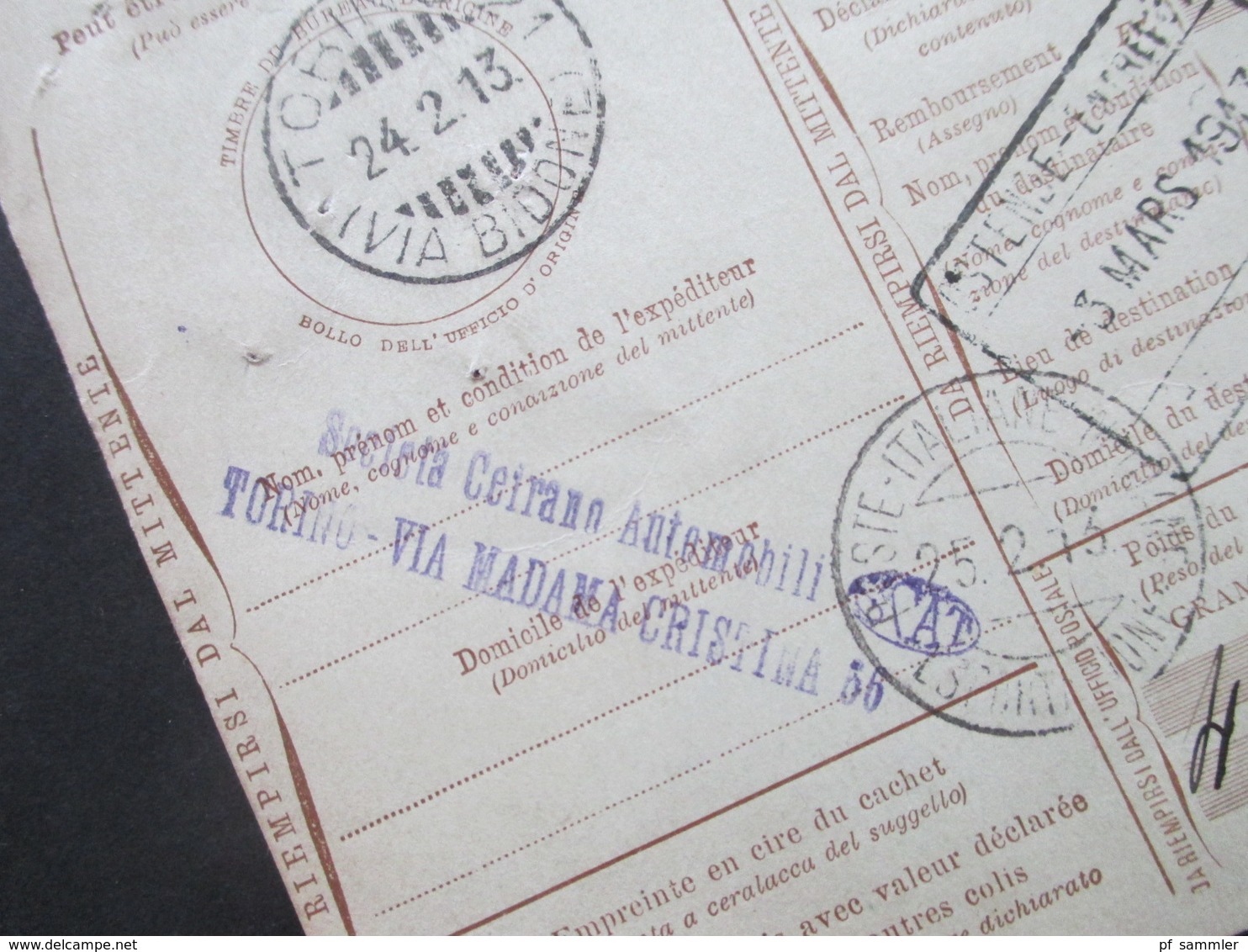 Italien 1913 Auslandspaketkarte Zusatzfrankaturen Und Vielen Stempeln Torino - Ostende Klebezettel Assegno Remboursement - Pacchi Postali