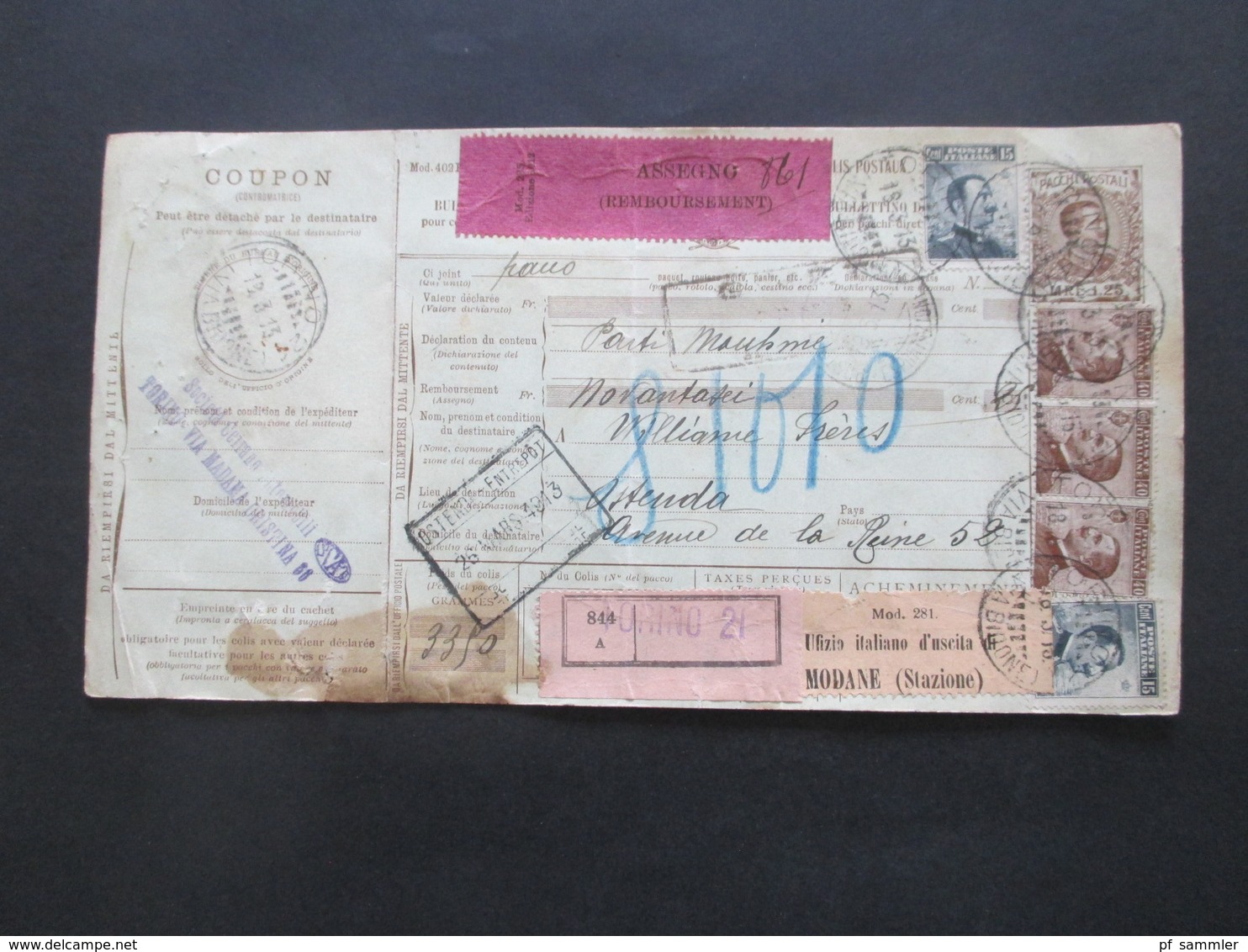 Italien 1913 Auslandspaketkarte Zusatzfrankaturen Und Vielen Stempeln Torino - Ostende Klebezettel Assegno Remboursement - Paketmarken