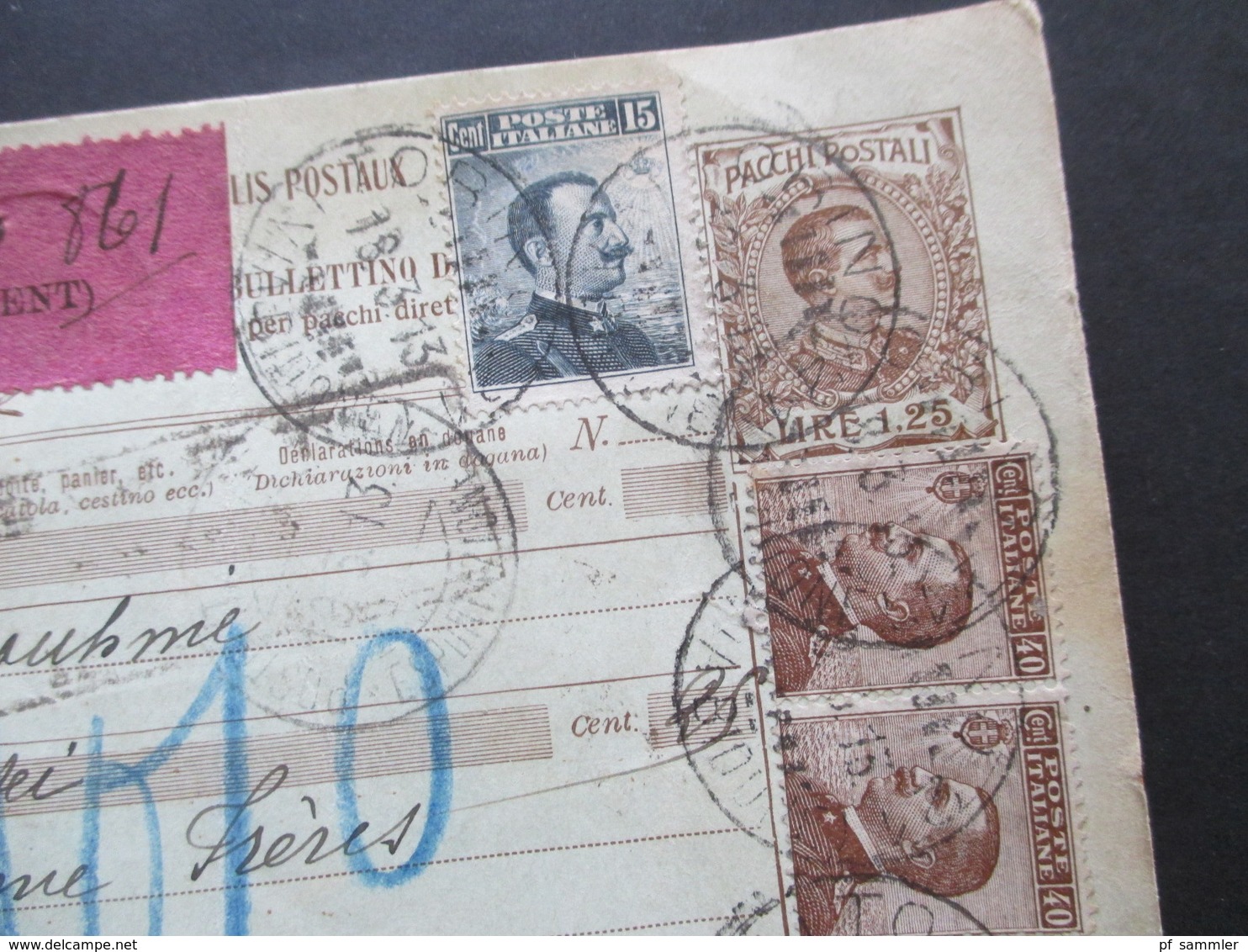 Italien 1913 Auslandspaketkarte Zusatzfrankaturen Und Vielen Stempeln Torino - Ostende Klebezettel Assegno Remboursement - Postpaketten