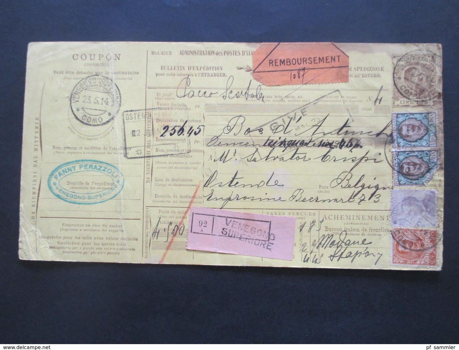 Italien 1913 Auslandspaketkarte Zusatzfrankaturen, Viele Stempel Venegono Superiore - Ostende Klebezettel Remboursement - Postpaketten