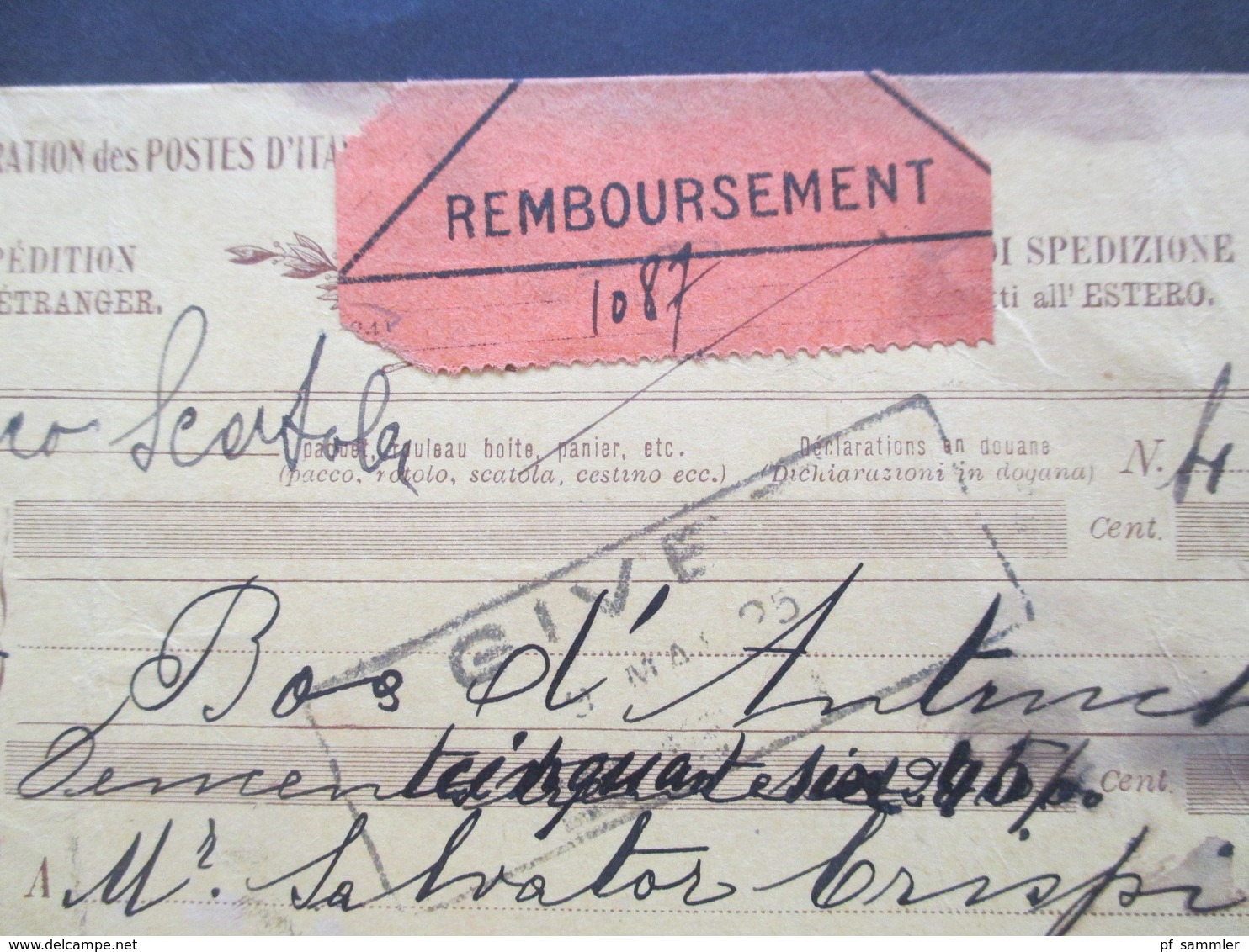 Italien 1913 Auslandspaketkarte Zusatzfrankaturen, Viele Stempel Venegono Superiore - Ostende Klebezettel Remboursement - Pacchi Postali