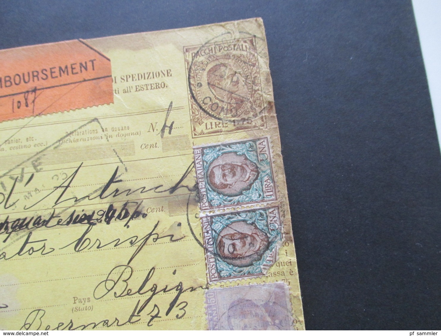 Italien 1913 Auslandspaketkarte Zusatzfrankaturen, Viele Stempel Venegono Superiore - Ostende Klebezettel Remboursement - Postpaketten