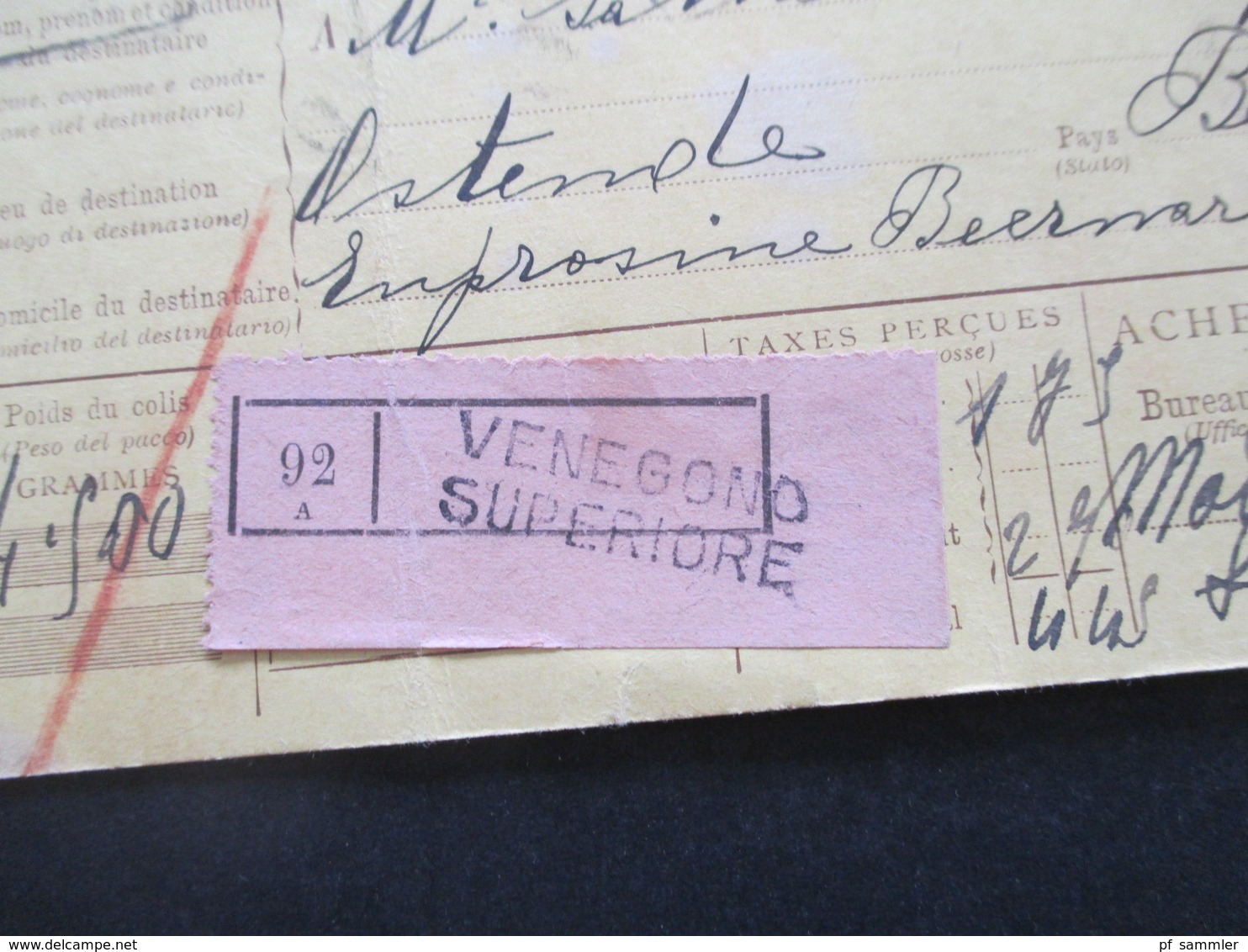 Italien 1913 Auslandspaketkarte Zusatzfrankaturen, Viele Stempel Venegono Superiore - Ostende Klebezettel Remboursement - Paketmarken