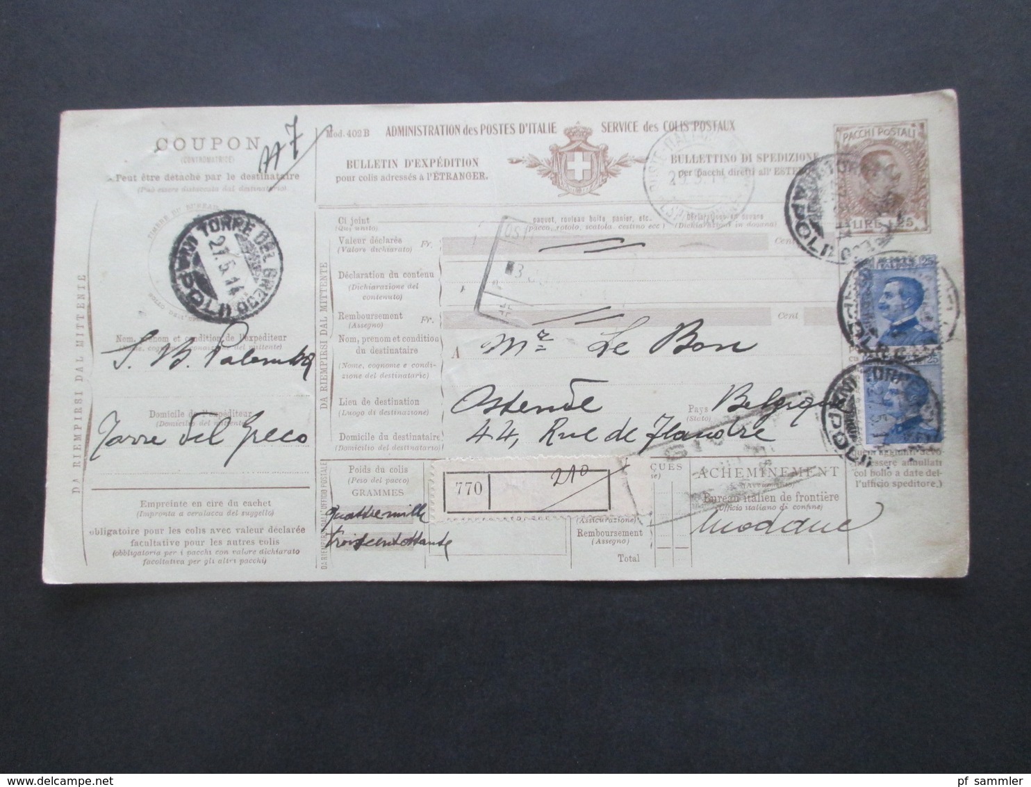Italien 1914 Auslandspaketkarte Zusatzfrankaturen, Viele Stempel Torre Del Greco - Ostende Belgien - Postal Parcels