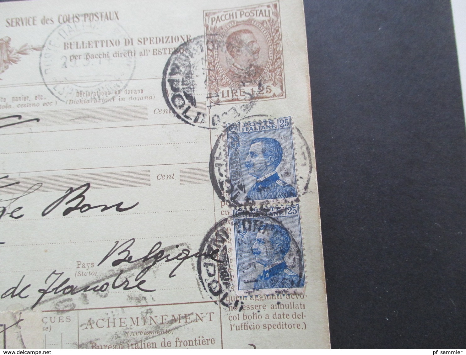 Italien 1914 Auslandspaketkarte Zusatzfrankaturen, Viele Stempel Torre Del Greco - Ostende Belgien - Paquetes Postales