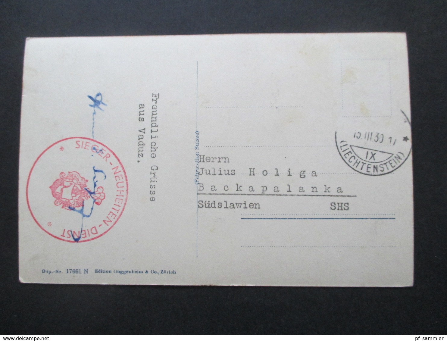 Liechtenstein 1930 Echtfoto AK Schloß Vaduz Roter Stp. Sieger Neuheuten Dienst + Unterschrift Hermann E. Sieger - Storia Postale