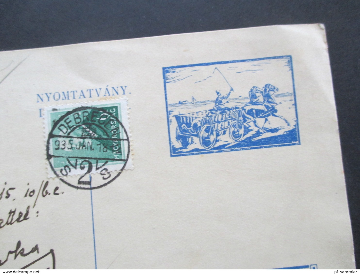 Rumänien 1935 Postkarte Mit Pferdekusche Und Wappen Debreceni Belyeggyüjtok Egyesülete Nach Backa Jugoslawien Gesendet - Brieven En Documenten