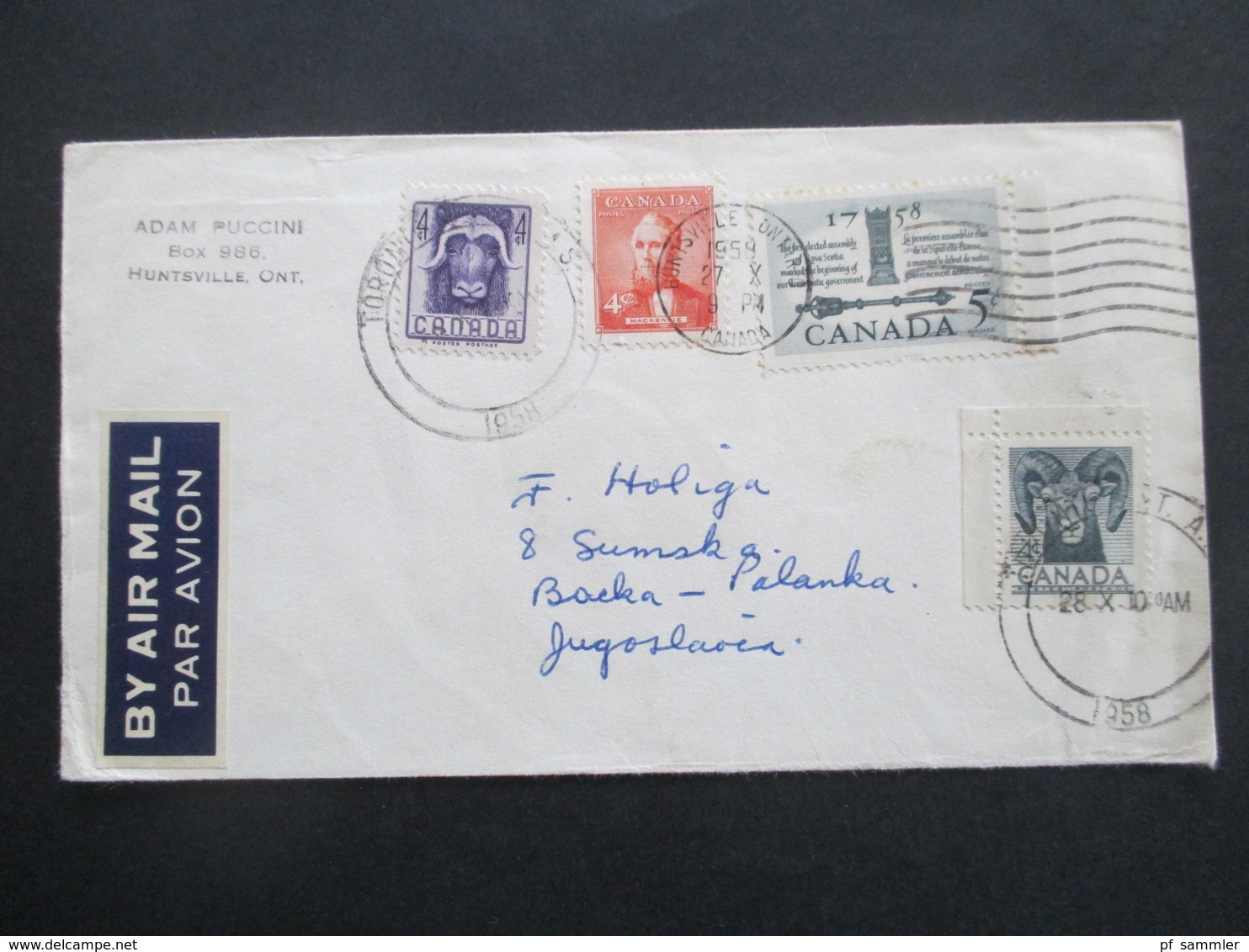 Kanada / Canada 1958 Air Mail Von Huntsville Nach Backa Palanga Jugoslawien Mit 4 Marken / 1x Eckrandstück - Covers & Documents