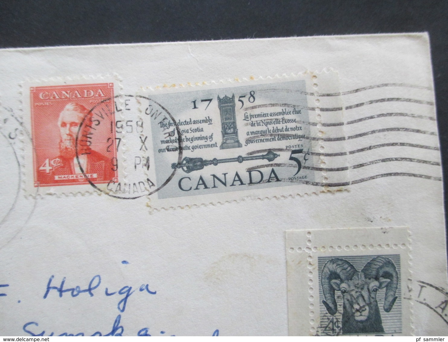 Kanada / Canada 1958 Air Mail Von Huntsville Nach Backa Palanga Jugoslawien Mit 4 Marken / 1x Eckrandstück - Brieven En Documenten