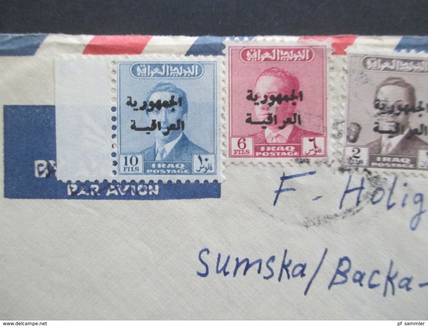 Irak / Iraq 1958 Brief Mit 5 Marken Mit Aufdruck Und Violettem Dreistempel Nach Backa Palanga In Jugoslawien - Iraq