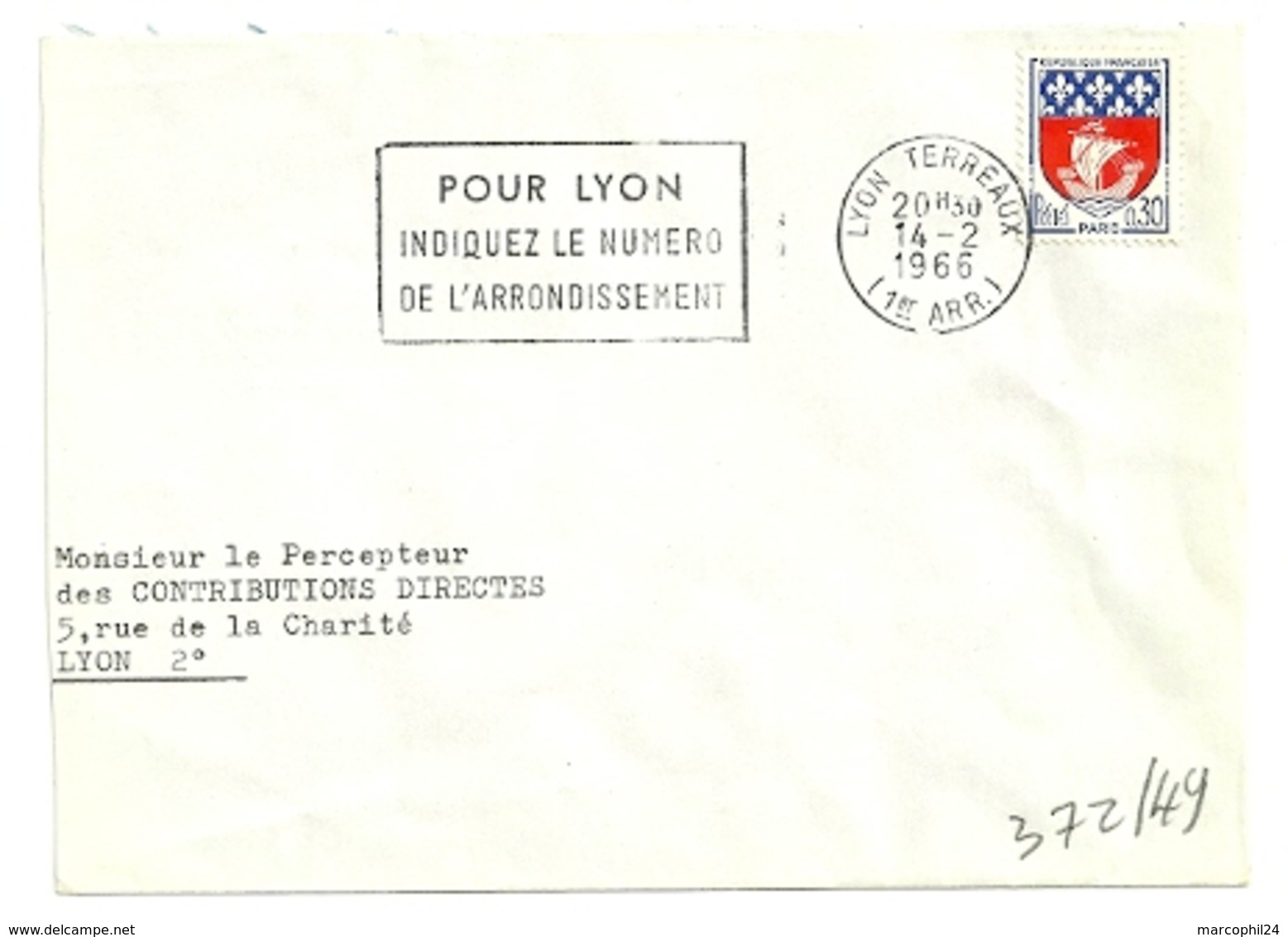 RHONE - Dépt N° 69 = LYON TERREAUX (1er ARR) 1966 = FLAMME Non Codée SECAP  'INDIQUEZ NUMERO ARRONDISSEMENT' - Code Postal